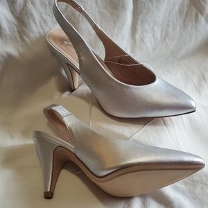 NWT silver slingback pumps